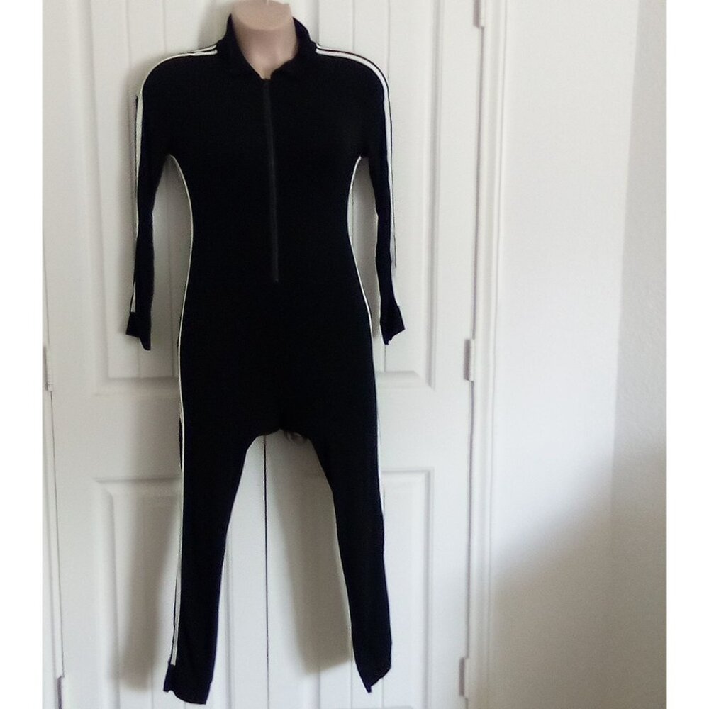Shein Black Long-Sleeve Zipper Front Jumpsuit With White Side Stripes Athletic F